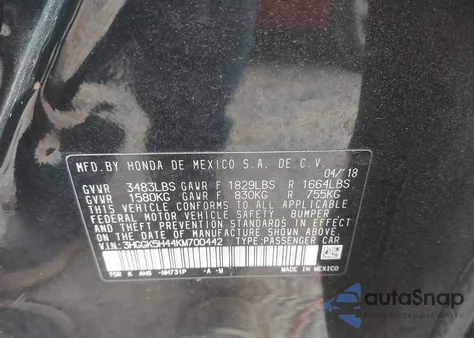 2019 Honda Fit Lx from USA, damaged, VIN 3HGGK5H44KM700442